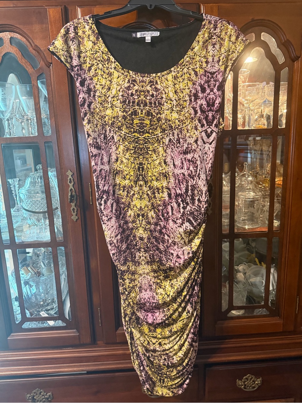 Jennifer Lopez Stretch Snake-Print Ruched Sides Sheath Dress - Yellow & Pink